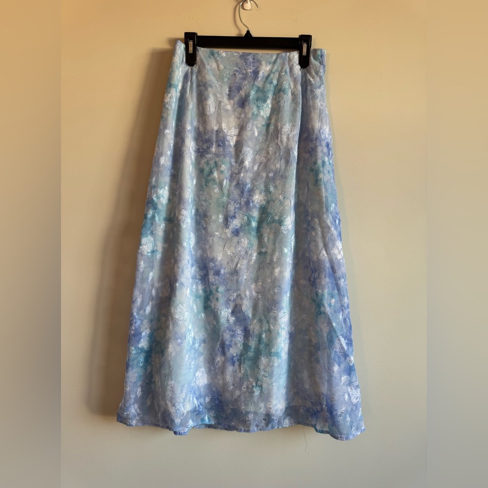 Vintage 90s Dressbarn Blue White Floral Lined Watercolor Spring Maxi Skirt